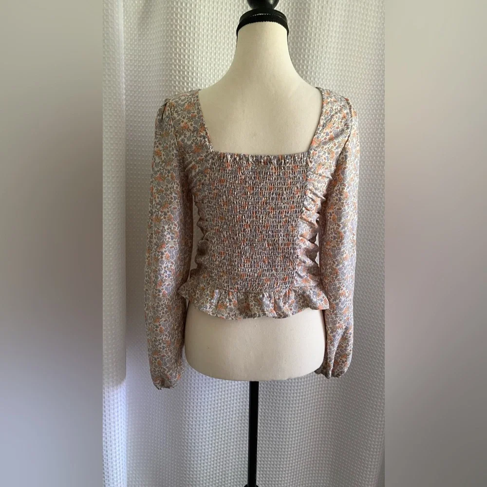 ‎ H&M Floral V-Neck Drawstring Blouse Stretch Back Ruched side small - Picture 4 of 9